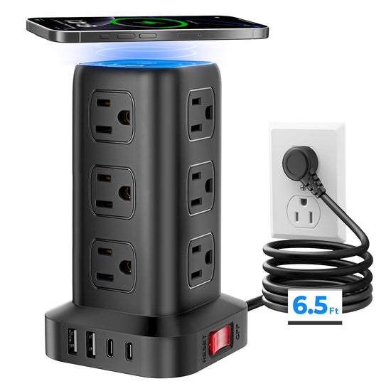 Power strip — 12 outlets and 4 USB ports with tower design and extension cord