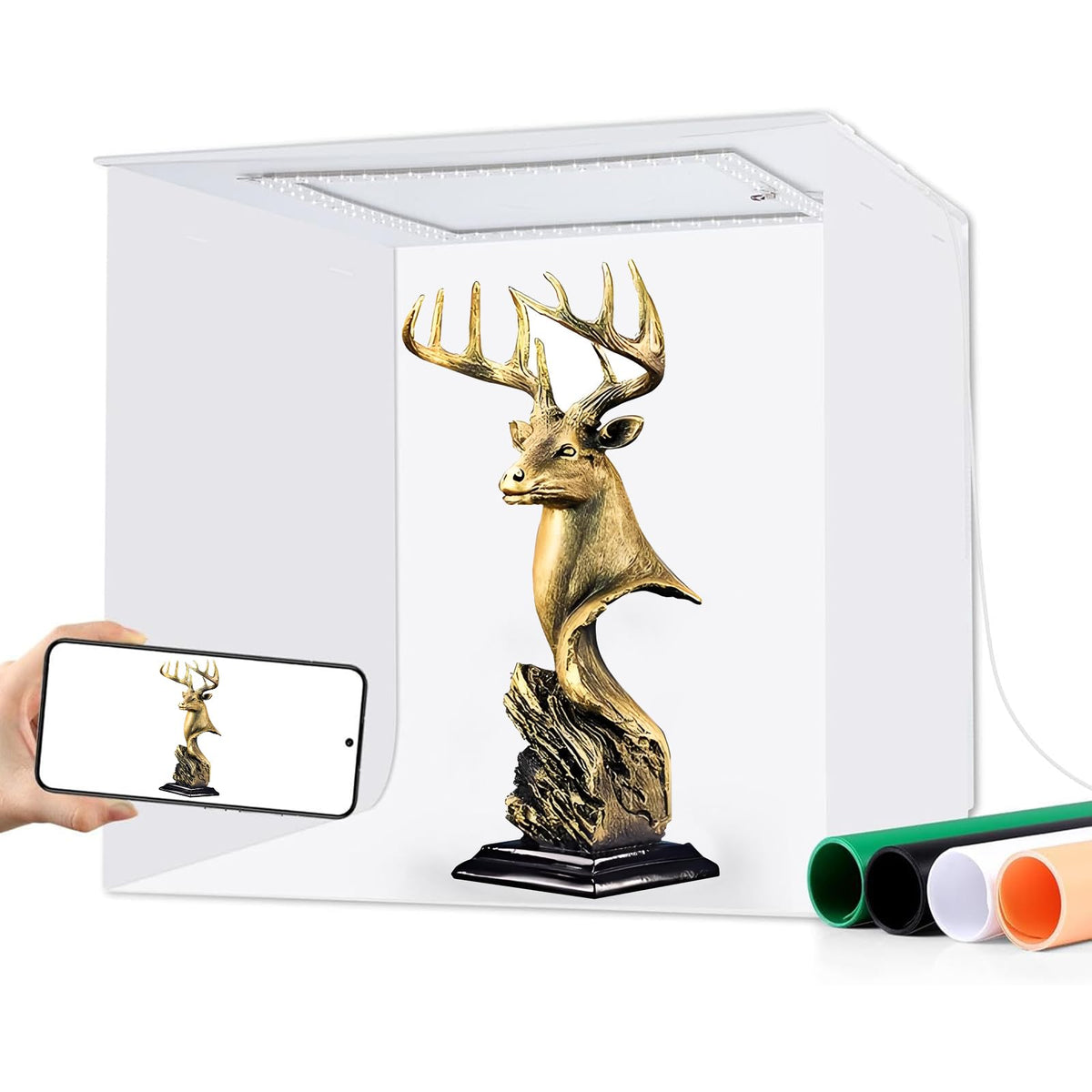 Camera stage lighting modifier — Portable mini photo studio with LED light and backdrops