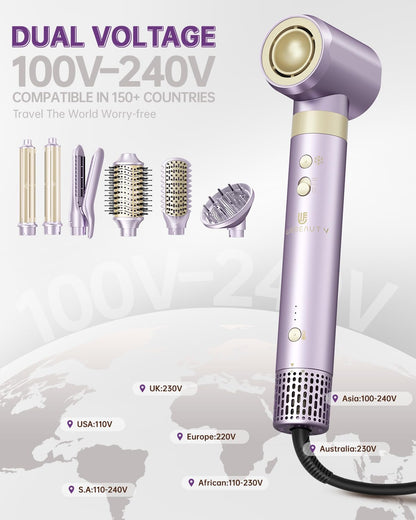 Hair Dryer Brush 8-in-1 Dual Voltage Hot Air Styler – Fast-Drying 110,000 RPM Ionic Blow Dryer with Straightener & Curler Attachments, Frizz-Free Volumizing Styler with Protective Hard Case-Purple