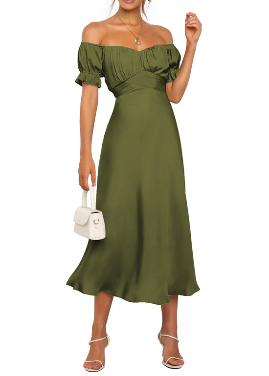 KIRUNDO women's satin wedding guest midi dress with off the shoulder design