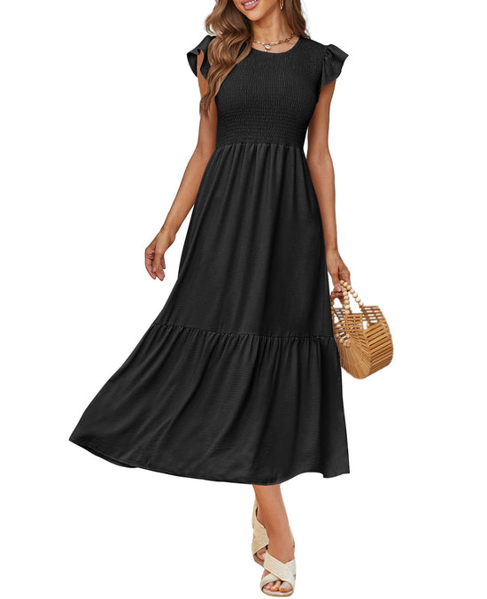 OFEEFAN women's maxi dress with pockets and ruffle sleeves