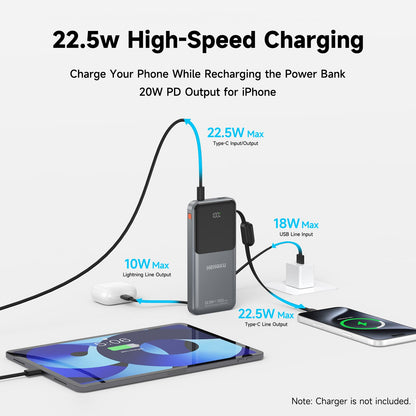 HENGKU Power Bank 10000mAh Portable Built-in Cable 22.5w Fast Charge