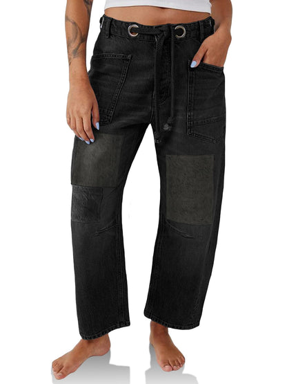 PANTS — Baggy barrel horseshoe jeans with pockets and patchwork design