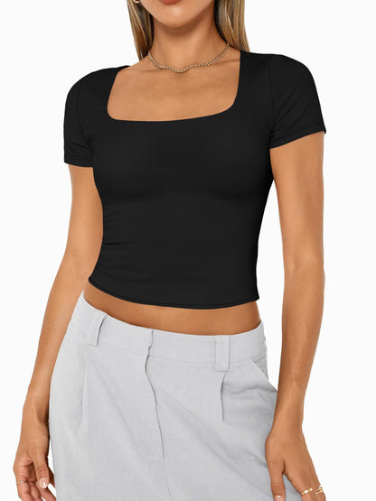 Shirt — Double lined short sleeve crop top for summer workouts and outings