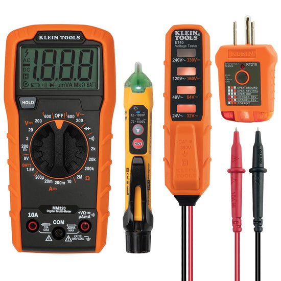 Electric circuit testing device — Klein Tools MM320KIT multimeter test kit with case and batteries