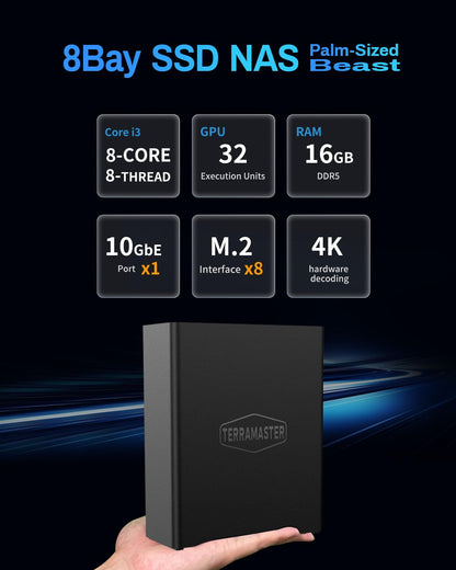 SYSTEM_CABINET - Terramaster F8 SSD Plus NAS with 8 bays and Intel Core i3 CPU 16GB RAM 10GbE port