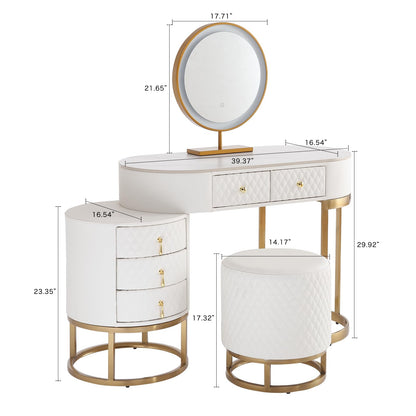 FUKAYI Faux Leather Makeup Vanity Desk Set with LED Lighted Mirror Luxury Dressing Makeup Table with Storage Drawers & Vanity Stool