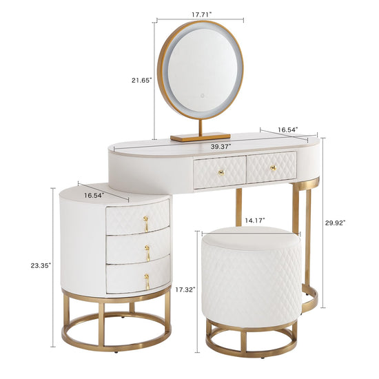 FUKAYI Faux Leather Makeup Vanity Desk Set with LED Lighted Mirror Luxury Dressing Makeup Table with Storage Drawers & Vanity Stool