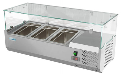 KoolMore refrigerated countertop condiment prep rail with stainless steel cover