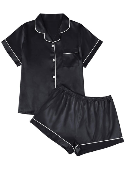 LILLUSORY silk satin pajama set for women - button down shirt and shorts
