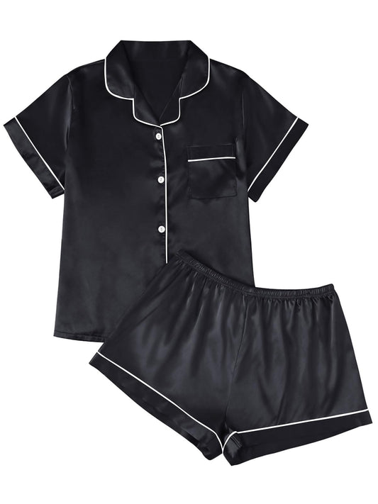 LILLUSORY silk satin pajama set for women - button down shirt and shorts