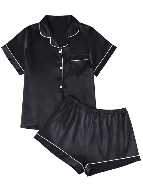 LILLUSORY silk satin pajama set for women - button down shirt and shorts