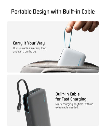 CUKTECH power bank with built-in USB C cable and LED display, 20000mAh capacity