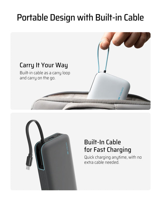 CUKTECH power bank with built-in USB C cable and LED display, 20000mAh capacity