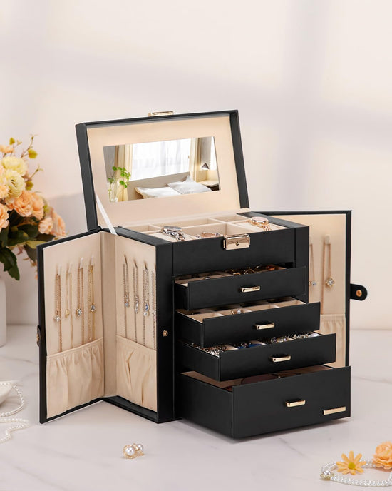 Homde jewelry storage - synthetic leather mirrored watch organizer and case