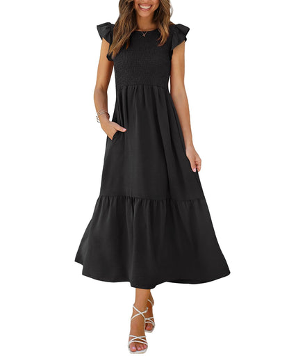 OFEEFAN women's maxi dress with pockets and ruffle sleeves