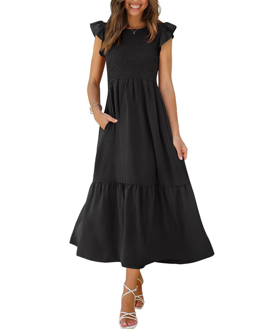 OFEEFAN women's maxi dress with pockets and ruffle sleeves