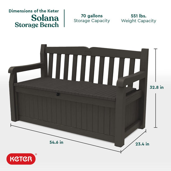 Keter Solana storage bench — 70 gallon capacity for patio furniture