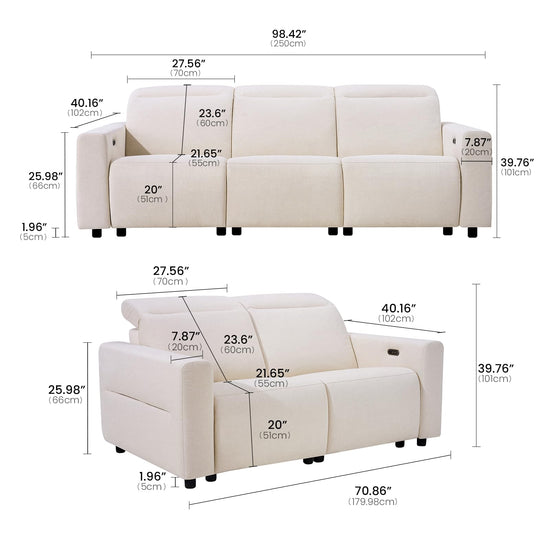 ModernMate Power Recliner Sofa Set with 3-Seater & Loveseat, Oversize Zero Gravity Modular Sectional Couch with Manual Adjustable Headrest, Zero Wall Hugger, USB & Type-C Ports, 27.6" Wide Seat, Beige