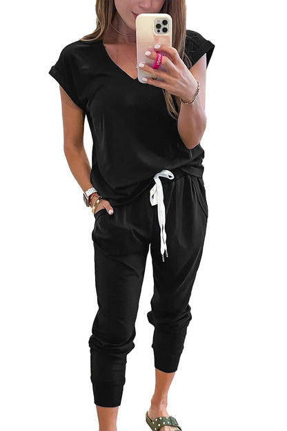 PRETTYGARDEN two piece tracksuit with v neck top and drawstring jogger pants