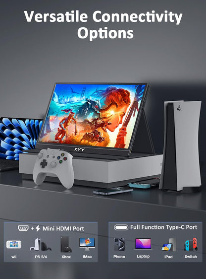 KYY 15.6 portable monitor with smart cover and speakers. Plug and play external monitor for laptop, PC, phone, Mac, Xbox, PS4.