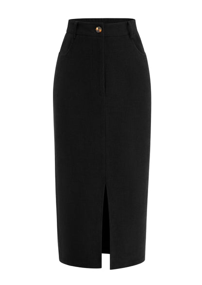 Skirt — High waisted corduroy pencil midi for women by PRETTYGARDEN