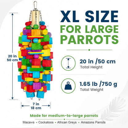 Zephyriel bird toy — natural wood blocks with stainless steel chain for large parrots