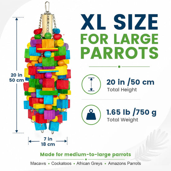 Zephyriel bird toy — natural wood blocks with stainless steel chain for large parrots