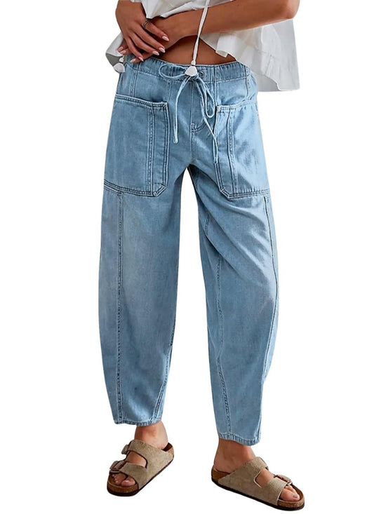 EZAPINE women casual cropped denim pants with pockets and elastic waist