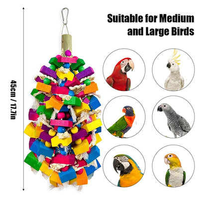 KTCWPAW Large Parrot Chew Toys, Colorful Natural Wood Hanging Shredding Toy, Heavy Duty Beak Grinding Enrichment Toy for Macaw, Cockatoo, African Grey Large Bird Cage Accessories