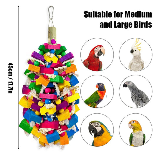 KTCWPAW Large Parrot Chew Toys, Colorful Natural Wood Hanging Shredding Toy, Heavy Duty Beak Grinding Enrichment Toy for Macaw, Cockatoo, African Grey Large Bird Cage Accessories