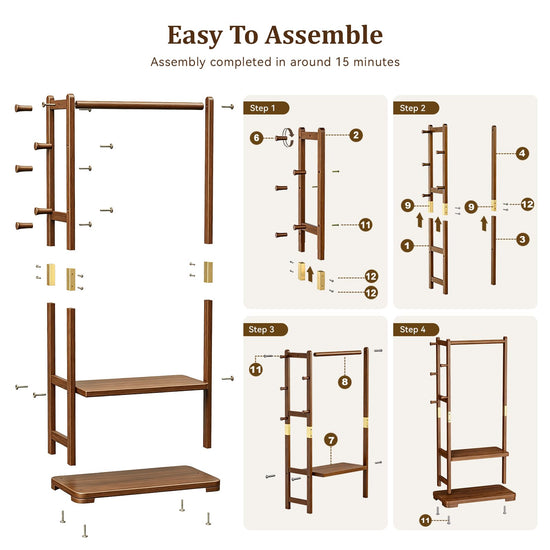 Taitiy coat rack - Solid wood with shelves and hooks for clothes and accessories