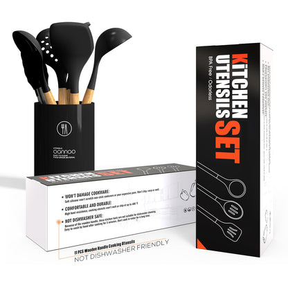 Food spatula set — heat resistant silicone with wooden handles and holder, BPA free