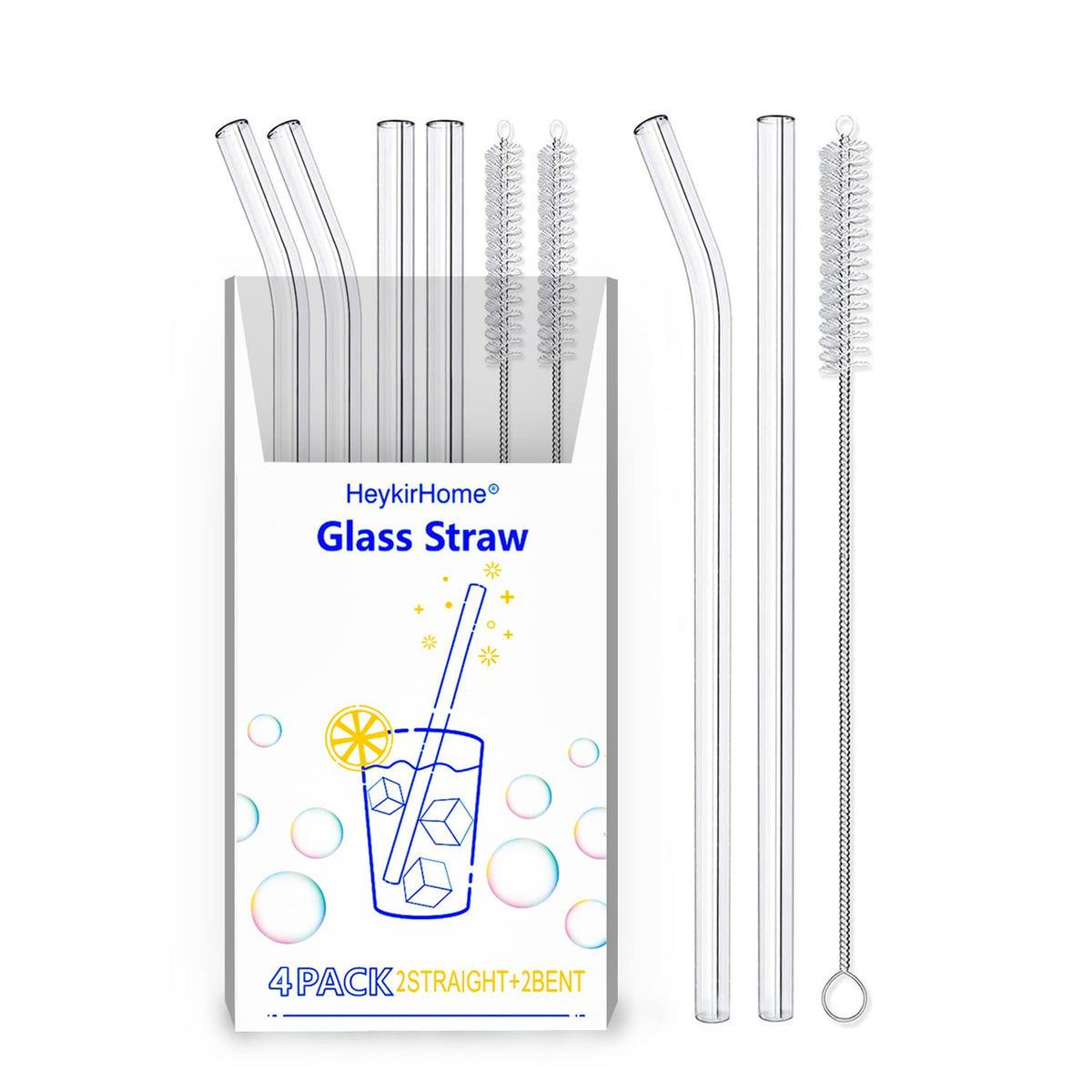 HeykirHome drinking straw — 4-pack reusable glass with cleaning brushes and mixed styles