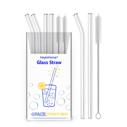 HeykirHome drinking straw — 4-pack reusable glass with cleaning brushes and mixed styles