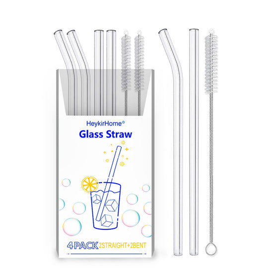 HeykirHome drinking straw — 4-pack reusable glass with cleaning brushes and mixed styles
