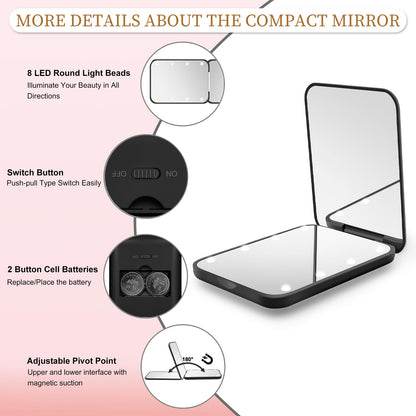 Kakuje compact mirror — 1X/3X magnification with LED light and internal battery