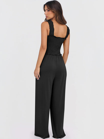 ANRABESS one piece outfit — Smocked sleeveless wide leg romper with pockets
