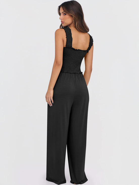 ANRABESS one piece outfit — Smocked sleeveless wide leg romper with pockets