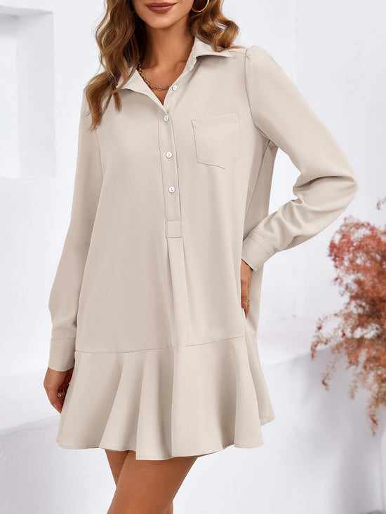 Fisoew dress — women's casual button down long sleeve pleated mini dress