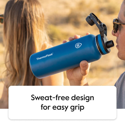 ThermoFlask thermos — double wall vacuum insulated stainless steel design with spout and straw lids