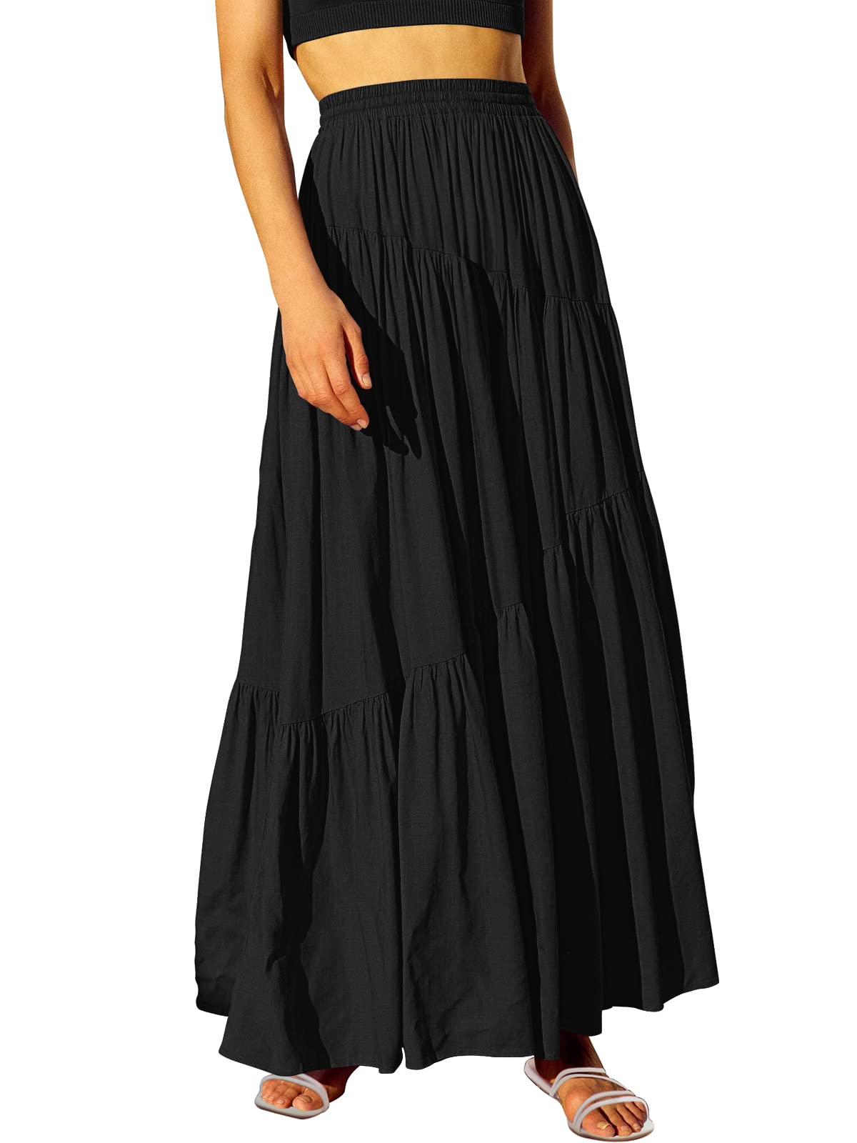 ANRABESS women's boho elastic high waist pleated maxi skirt with pockets