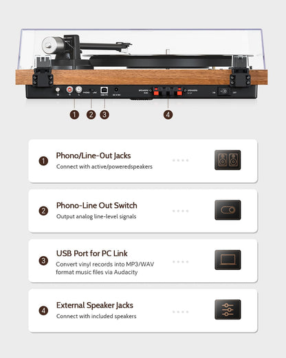 1 BY ONE Bluetooth turntable with wireless playback and auto off features