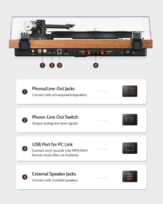 1 BY ONE Bluetooth turntable with wireless playback and auto off features