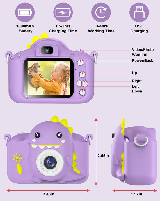 Kids camera for toddlers with 32GB card and selfie feature.