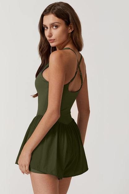 ONE_PIECE_OUTFIT — Square neck sleeveless romper with pocket by QINSEN