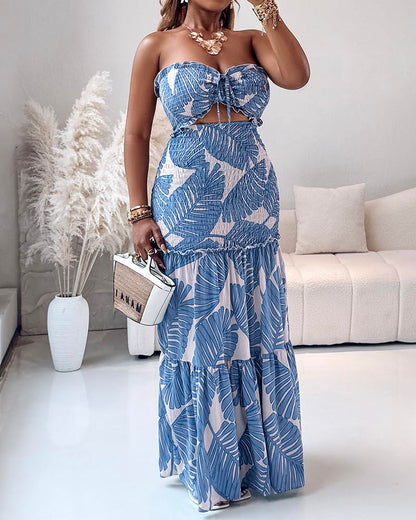 CHICME floral printed vacation dress - halter tie ruched bandeau style