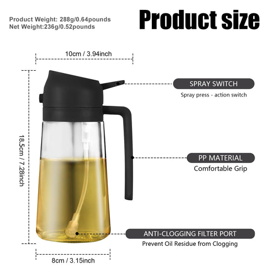 Bottle — 2 in 1 glass oil sprayer and dispenser with stickers, 16oz/470ml capacity