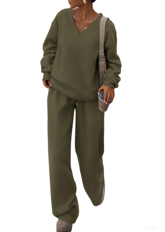 PRETTYGARDEN coordinated outfit — casual winter two piece set with v neck sweatshirt and wide leg pants