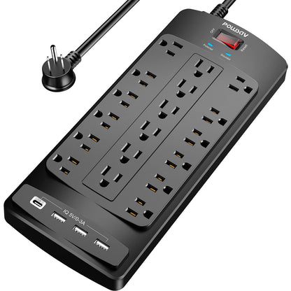 Power strip — 18 outlets and 4 USB ports with flat plug design and heavy duty cord